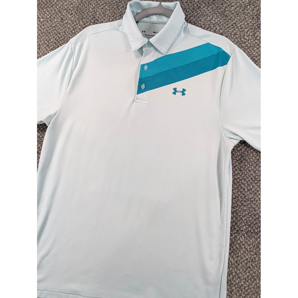Under Armour Playoff Polo Shirt Mens Medium Light Blue Teal Stripe HeatGear Golf
